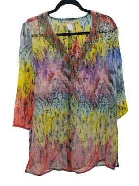 Beaded V-Neck Multi-Color Sheer Tunic SZ M